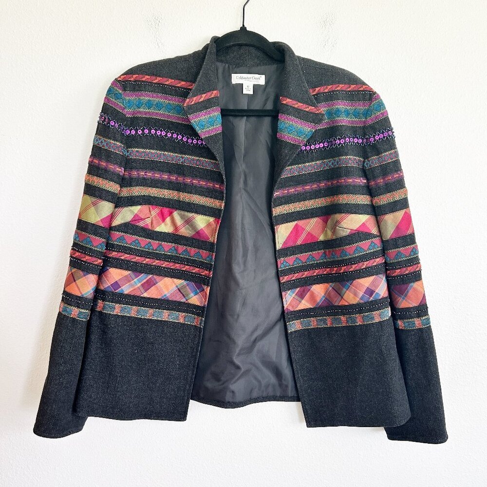 Coldwater Creek Jacket 12 Denim Blazer Embroidered Ribbon Open Artsy